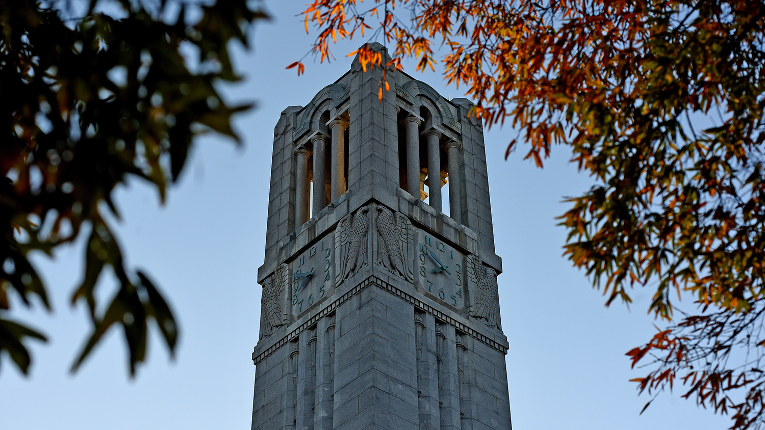belltower peeks through fall leaves